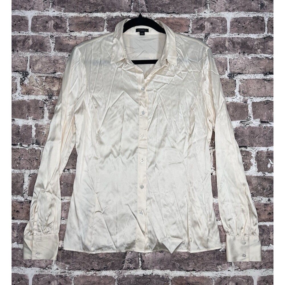 Ann Taylor Professional Work Silk Blend Blouse Womens 8 Long Sleeve Ivory Basic
